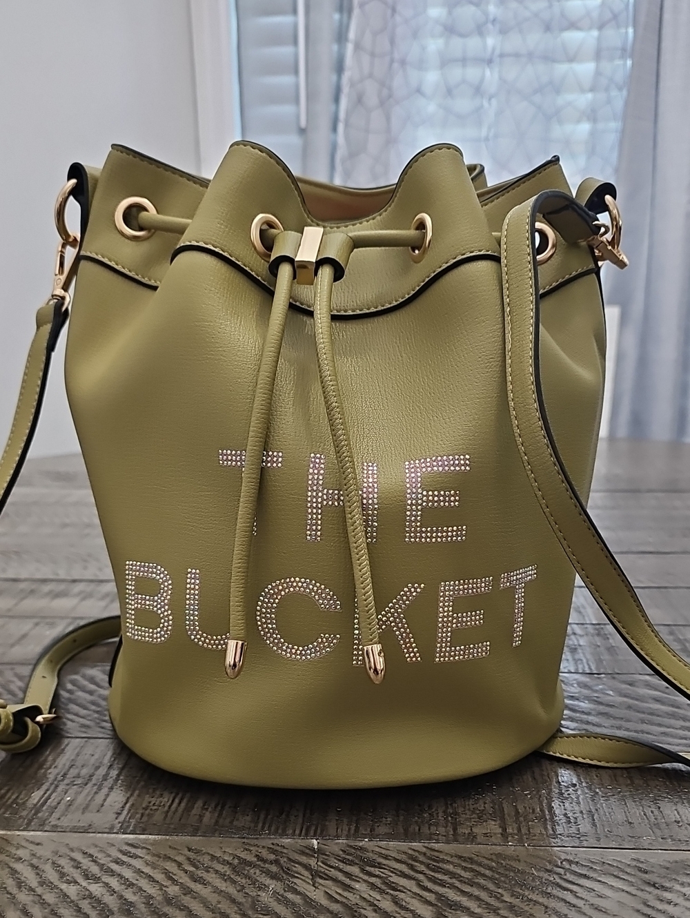 Olive Green Drawstring Bucket Bag with Rhinestone 'THE BUCKET'